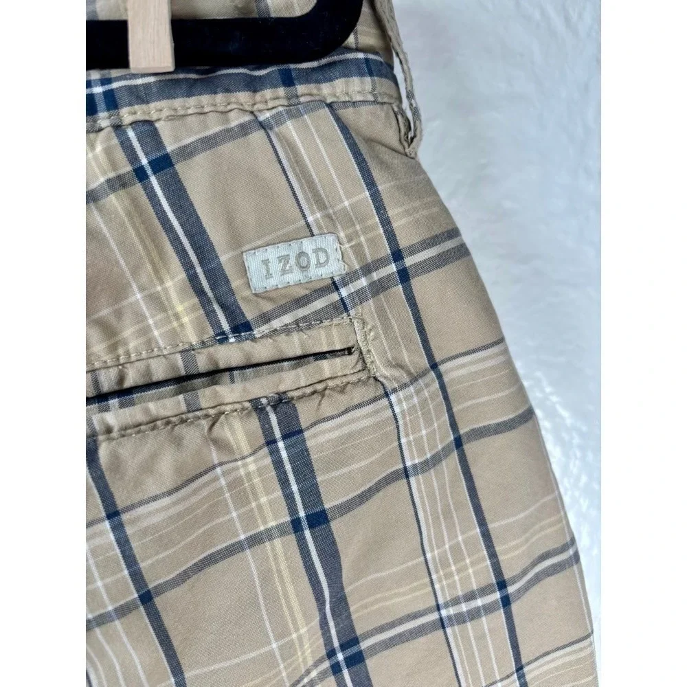 IZOD Plaid Chino Shorts Mens 38 Tan Grey Cotton Flat Front‎ 10